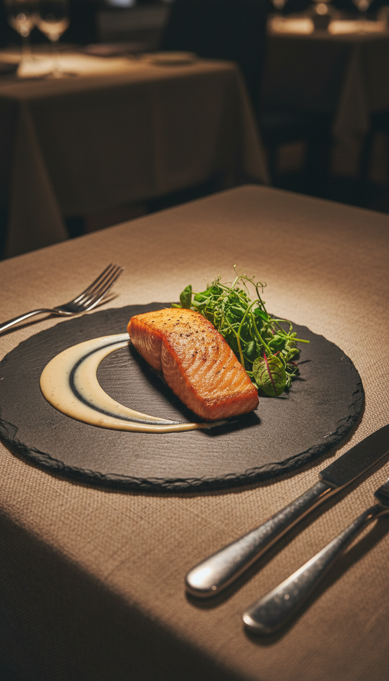 A close-up of an elegantly plated entrée featuring fresh, locally sourced ingredients: a seared salmon filet on a matte slate plate, arranged with precision beside microgreens and a delicate swirl of creamy sauce. The setting is an upscale restaurant with a textured, neutral-tone tablecloth and brushed stainless cutlery beside the plate. Ambient pendant lighting creates focused, warm highlights on the dish and soft, subtle shadows that accentuate details. The composition utilizes shallow depth of field, bringing the food into crisp focus against a blurred, uncluttered background. This photographic, minimalist image conveys an atmosphere of tasteful luxury and professionalism—perfect for showcasing local dining excellence on a business discovery platform.