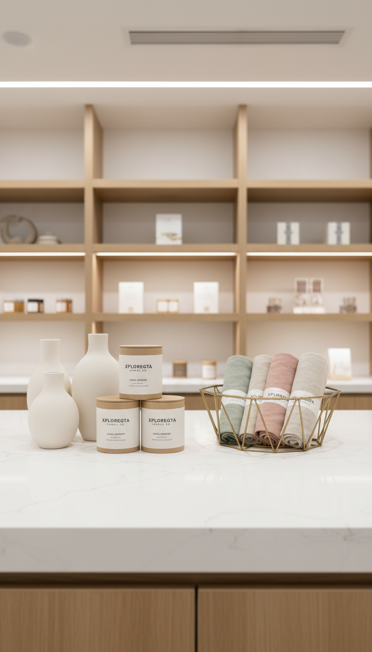 An arrangement of artisanal products on a spotless white quartz countertop inside a contemporary retail shop. This display includes matte ceramic vases, neatly packaged artisan candles with muted labeling, and a geometric wire basket holding crisp folded linens. The setting is open and structured with precise lines in the shelving and accent elements of light wood. Illuminated by bright, diffuse overhead studio lighting, the scene is evenly lit to reveal true colors and subtle surface textures. Captured in a wide shot with sharp focus and balanced composition, the mood is polished, inviting, and quietly sophisticated—reinforcing XploreGTA’s mission of high-quality local discovery with a photographic realism and clean, corporate aesthetic.