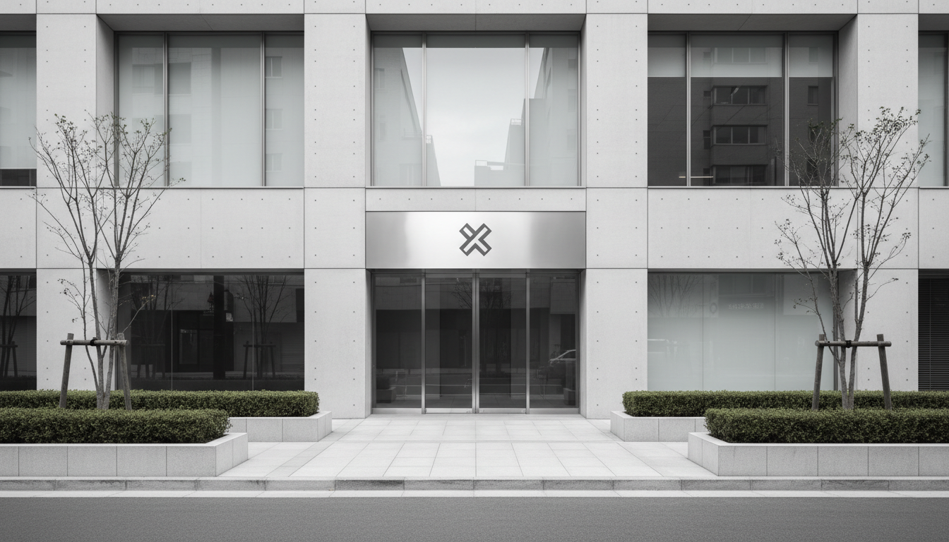 A modern, minimalist storefront façade crafted from smooth concrete and glass, with a sleek brushed metal sign displaying a generic business logo. The exterior is impeccably clean, featuring balanced, symmetrical lines and a subtle grayscale palette that reflects a neutral, corporate tone. This storefront is set on a tidy urban street with neatly trimmed hedges and clean, structured sidewalks. Soft overcast daylight bathes the scene, creating diffused highlights and gentle, minimal shadows. Framed from an eye-level perspective with a centered, spacious composition, this photographic image embodies calm professionalism and invites exploration, perfectly capturing the essence of refined local discovery for business-focused audiences.