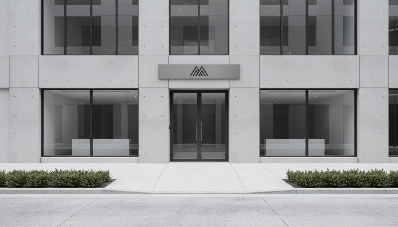 A modern, minimalist storefront façade crafted from smooth concrete and glass, with a sleek brushed metal sign displaying a generic business logo. The exterior is impeccably clean, featuring balanced, symmetrical lines and a subtle grayscale palette that reflects a neutral, corporate tone. This storefront is set on a tidy urban street with neatly trimmed hedges and clean, structured sidewalks. Soft overcast daylight bathes the scene, creating diffused highlights and gentle, minimal shadows. Framed from an eye-level perspective with a centered, spacious composition, this photographic image embodies calm professionalism and invites exploration, perfectly capturing the essence of refined local discovery for business-focused audiences.