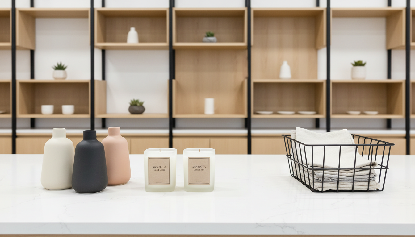 An arrangement of artisanal products on a spotless white quartz countertop inside a contemporary retail shop. This display includes matte ceramic vases, neatly packaged artisan candles with muted labeling, and a geometric wire basket holding crisp folded linens. The setting is open and structured with precise lines in the shelving and accent elements of light wood. Illuminated by bright, diffuse overhead studio lighting, the scene is evenly lit to reveal true colors and subtle surface textures. Captured in a wide shot with sharp focus and balanced composition, the mood is polished, inviting, and quietly sophisticated—reinforcing XploreGTA’s mission of high-quality local discovery with a photographic realism and clean, corporate aesthetic.