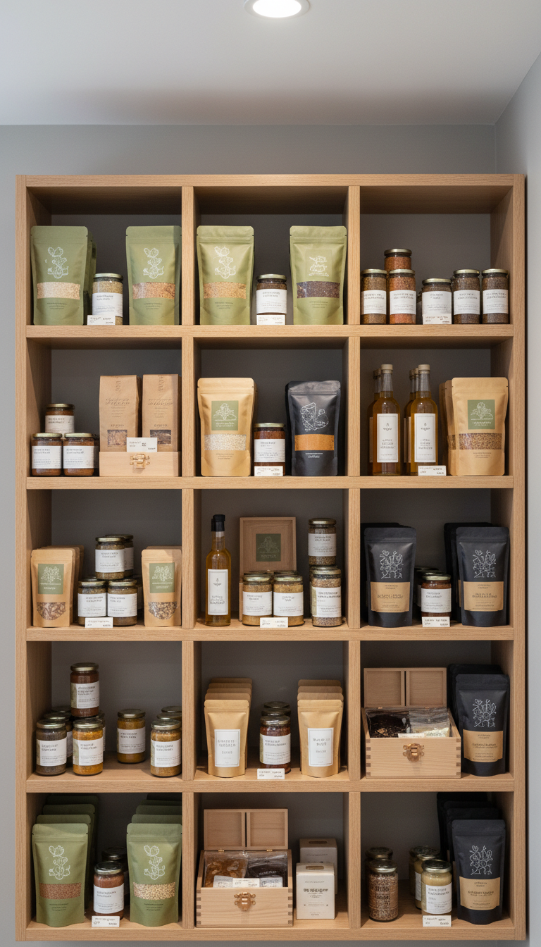 A shelf in a specialty grocery shop, meticulously stocked with artisan products in coordinated, minimalist packaging—matte paper bags, clear glass jars with graphite-grey labels, and small wooden boxes. The shelving is crafted from light, finely grained wood with perfectly spaced dividers, set against a neutral, soft grey wall. Bright but diffuse ceiling lights softly illuminate the products, casting precise, tiny reflections on glass and subtle, controlled shadows beneath. The mood is meticulously orderly and inviting, highlighted by a head-on composition with sharp detail and photographic clarity—ideal for communicating curated local offerings on an engaging business discovery platform.